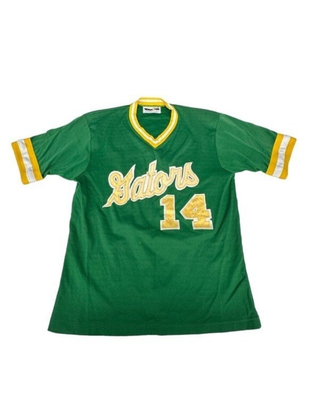 Vintage 70sโ Spanjian Gators #14 Baseball Jersey Green Yellow Mens M USA Adult